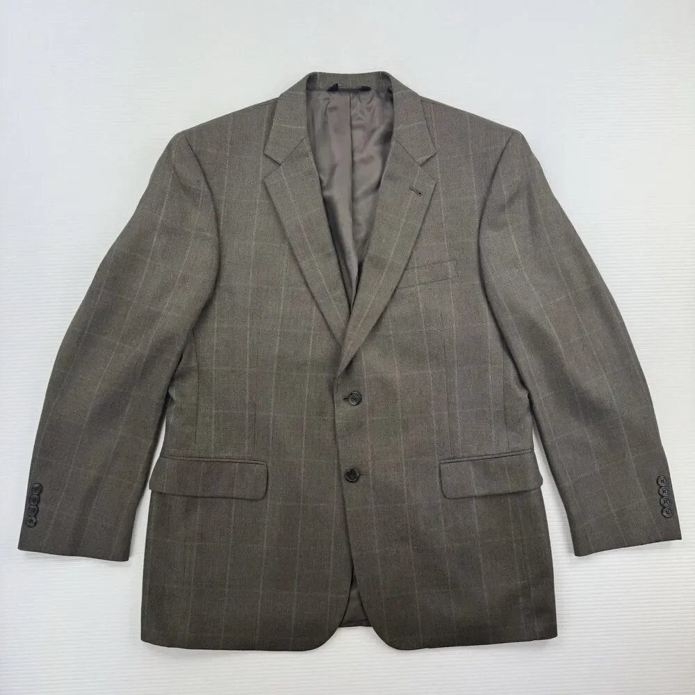 Jos A Bank 44R Sport Coat Blazer Taupe Gray Silk Camel Hair Windowpane